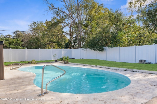 view of swimming pool with a patio and a lawn