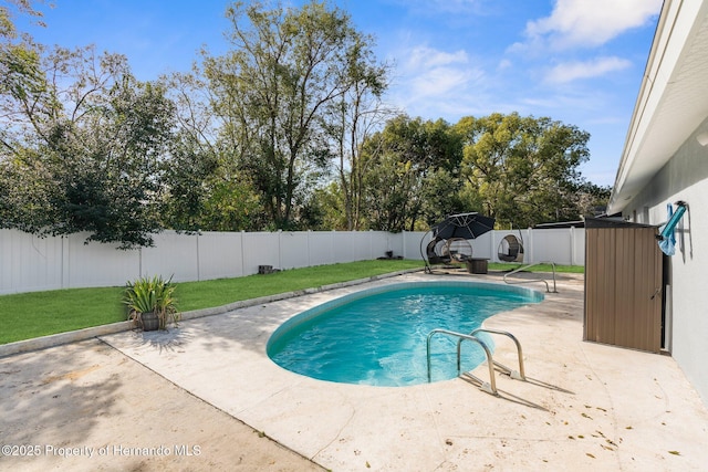 view of pool with a lawn and a patio area