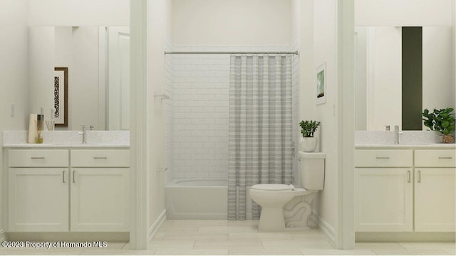 full bathroom with vanity, toilet, and shower / bath combo with shower curtain