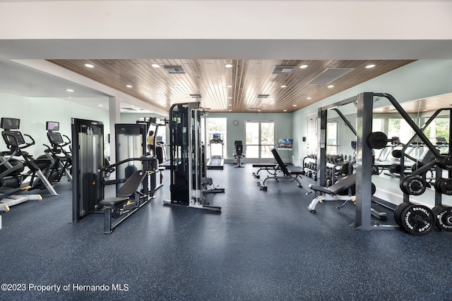 gym with wooden ceiling