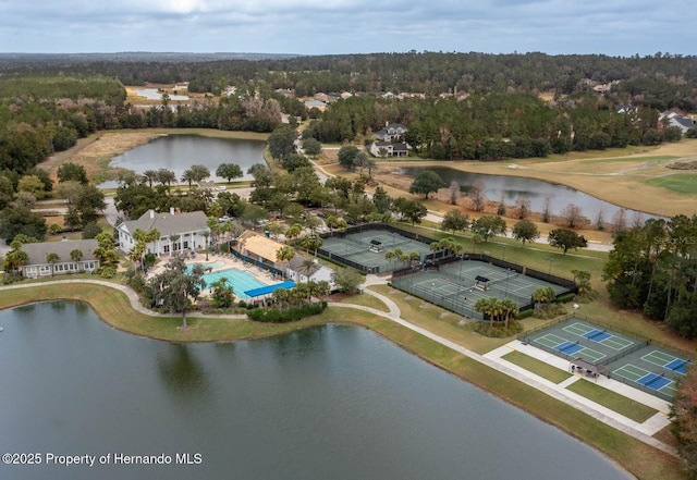 drone / aerial view featuring a water view