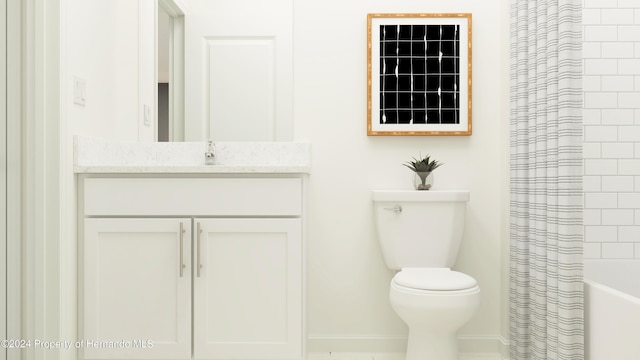 full bathroom featuring shower / bathtub combination with curtain, vanity, and toilet