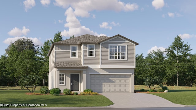 view of front of house with a garage and a front lawn