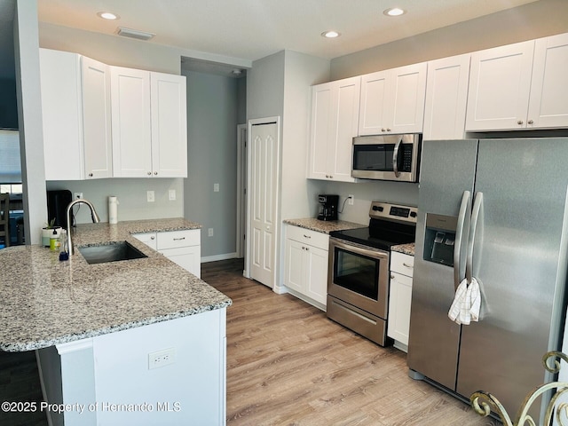 kitchen with sink, stainless steel appliances, light hardwood / wood-style flooring, kitchen peninsula, and white cabinets