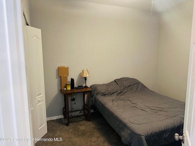 bedroom with dark colored carpet