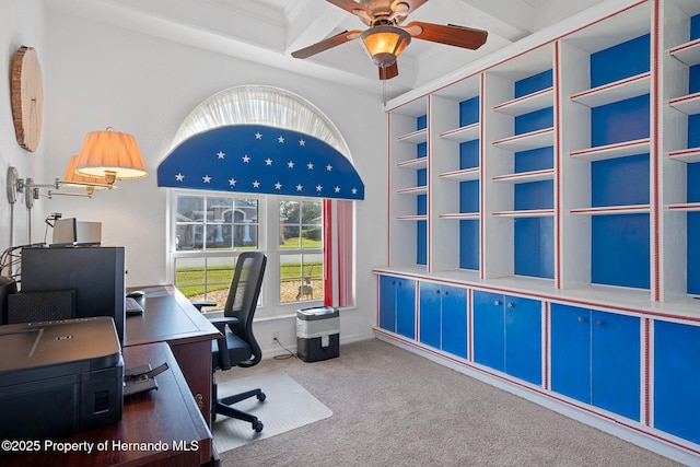 office space with ceiling fan, ornamental molding, and carpet flooring