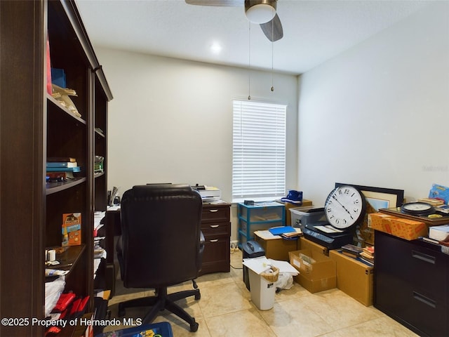 tiled home office with ceiling fan