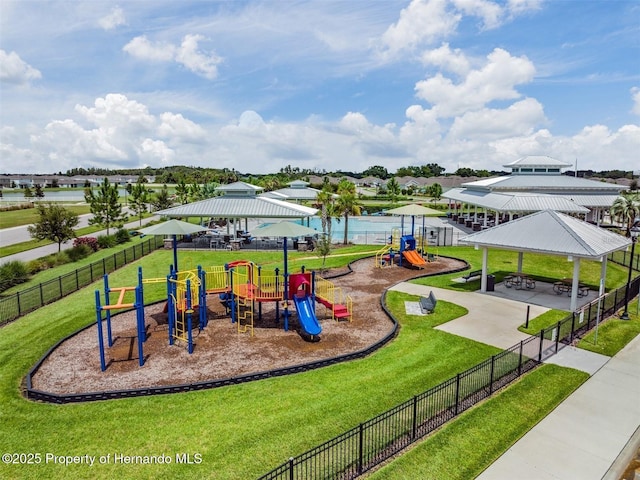 view of play area with a gazebo and a lawn