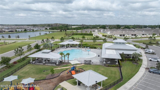 bird's eye view featuring a water view