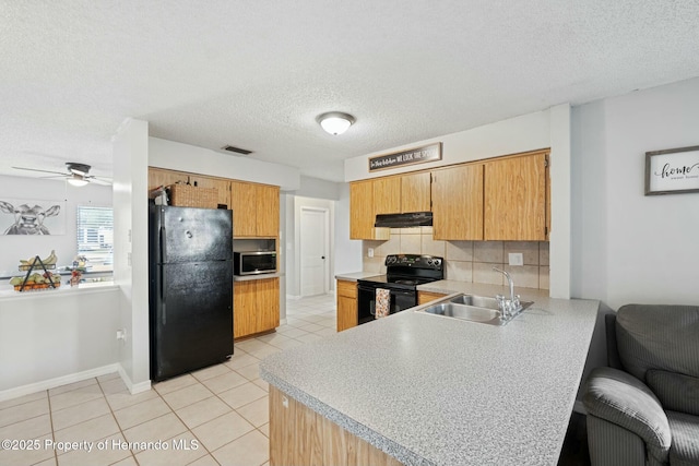 kitchen featuring ceiling fan, sink, tasteful backsplash, a textured ceiling, and black appliances