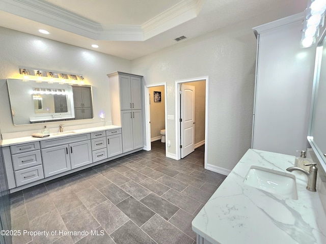 bathroom featuring toilet, vanity, a raised ceiling, and crown molding