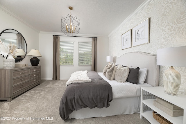 bedroom featuring light colored carpet, crown molding, and a notable chandelier