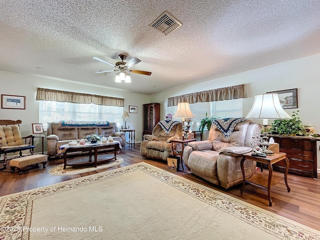 living room with a healthy amount of sunlight, a textured ceiling, and wood-type flooring