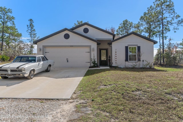 ranch-style house with a front yard and a garage