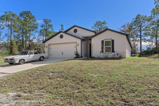 single story home with a front yard and a garage