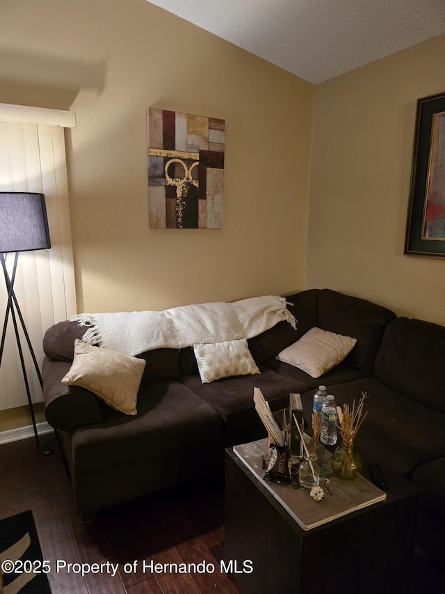 living room with lofted ceiling and dark hardwood / wood-style flooring