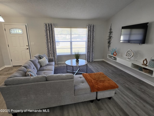 living room with a textured ceiling and dark hardwood / wood-style floors