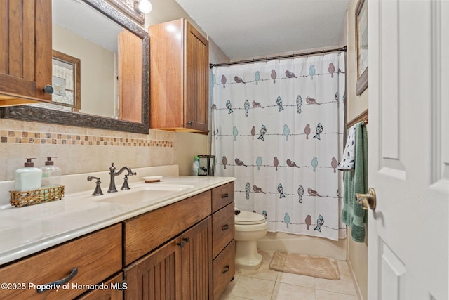 full bathroom featuring a textured ceiling, toilet, tile patterned floors, backsplash, and vanity