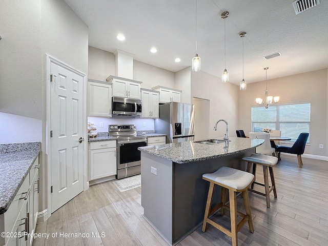 kitchen featuring appliances with stainless steel finishes, a center island with sink, white cabinetry, and sink