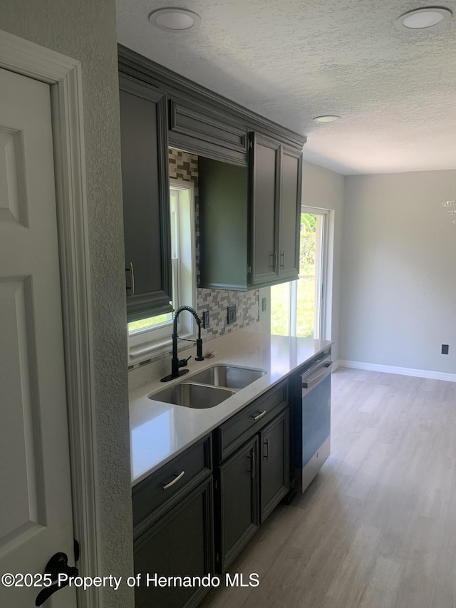 kitchen with backsplash, sink, stainless steel dishwasher, a textured ceiling, and light hardwood / wood-style floors