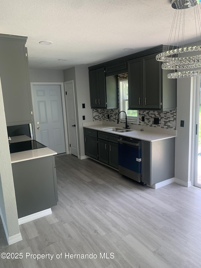 kitchen featuring sink, an inviting chandelier, tasteful backsplash, stainless steel dishwasher, and pendant lighting