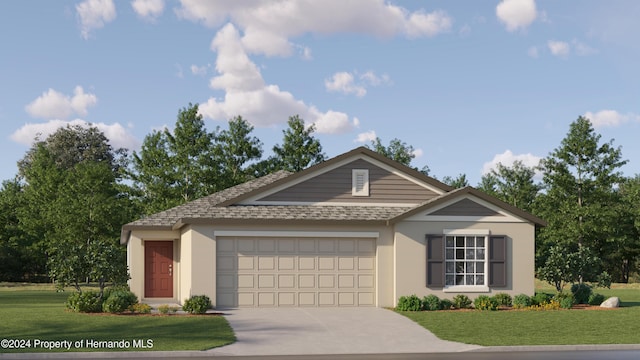 ranch-style house featuring a garage and a front lawn