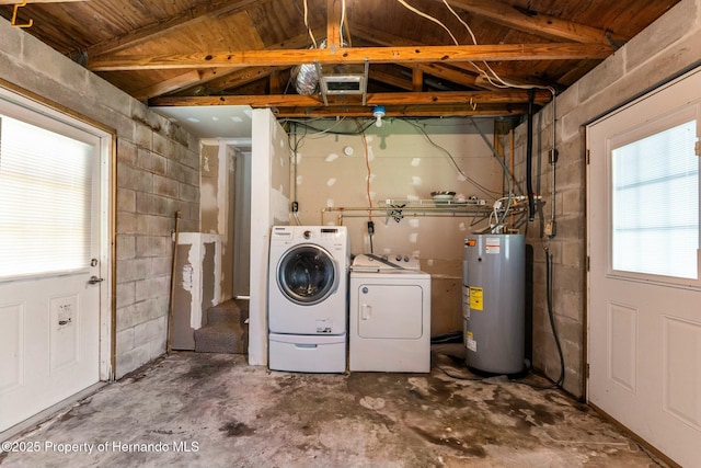 laundry room with water heater and washing machine and clothes dryer