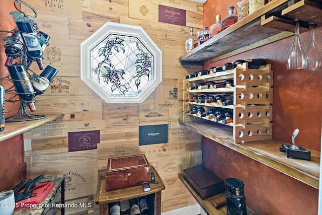 wine area featuring wooden walls