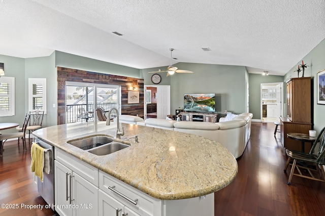 kitchen with stainless steel dishwasher, vaulted ceiling, sink, white cabinets, and a kitchen island with sink