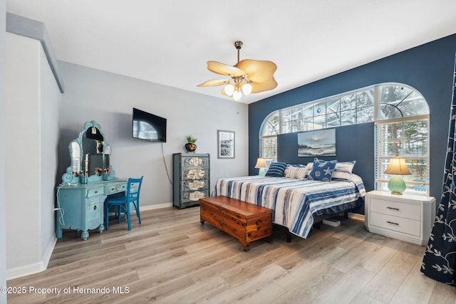 bedroom with ceiling fan and light wood-type flooring