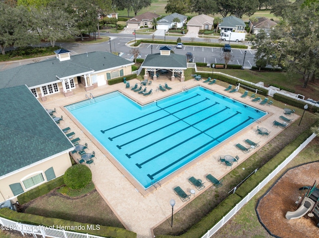 view of swimming pool featuring a gazebo and a patio