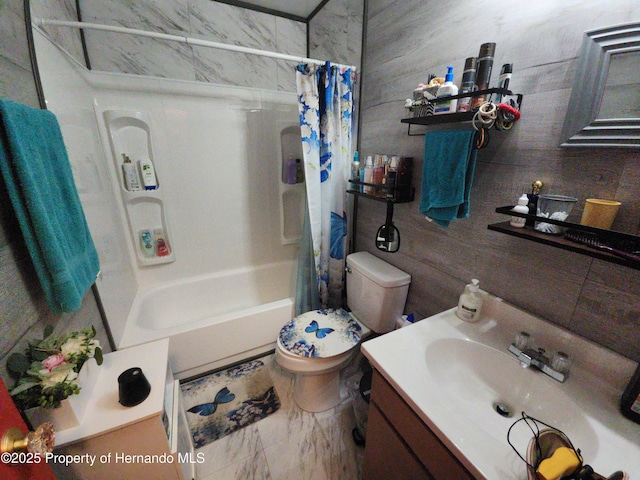 full bathroom with vanity, toilet, and shower / bathtub combination with curtain