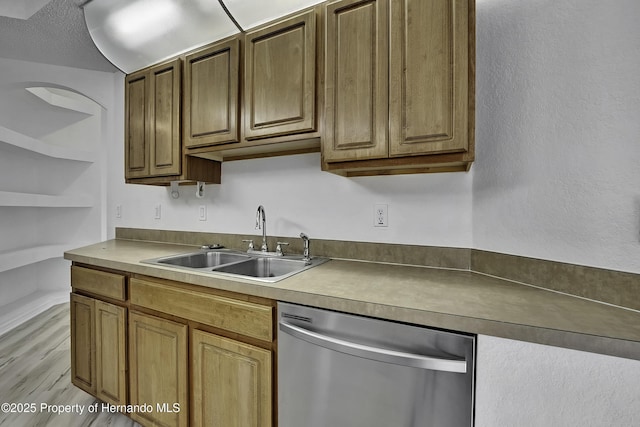 kitchen featuring stainless steel dishwasher, light hardwood / wood-style floors, and sink