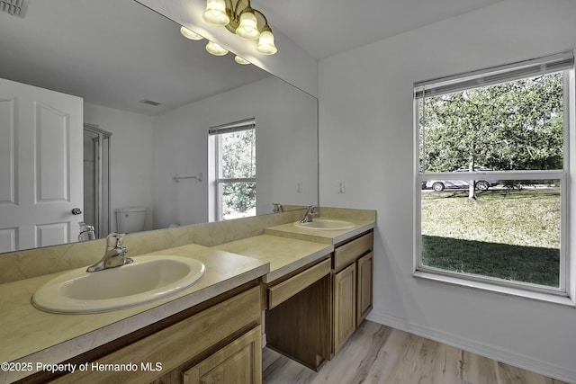 bathroom with toilet, vanity, and hardwood / wood-style flooring