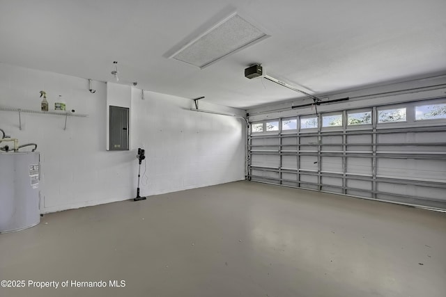 garage with electric panel, water heater, and a garage door opener