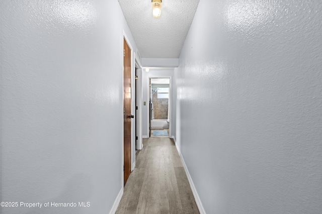 hallway featuring a textured ceiling and hardwood / wood-style floors