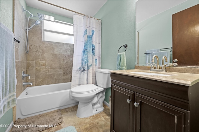 full bathroom with toilet, vanity, and shower / bathtub combination with curtain