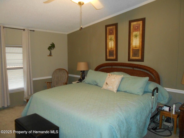 bedroom with ceiling fan, crown molding, and carpet