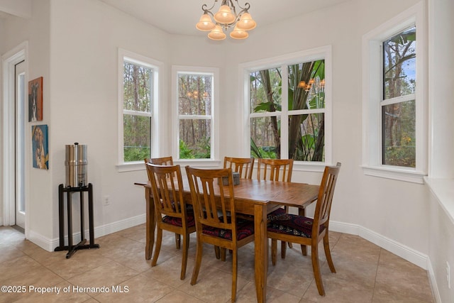 dining room featuring an inviting chandelier, light tile patterned floors, and a wealth of natural light