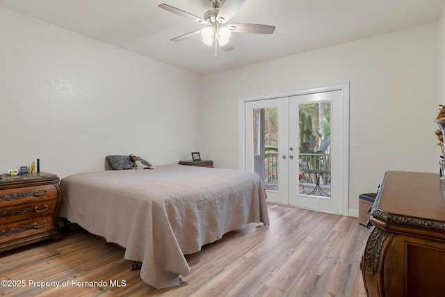 bedroom featuring ceiling fan, access to exterior, french doors, and light hardwood / wood-style floors