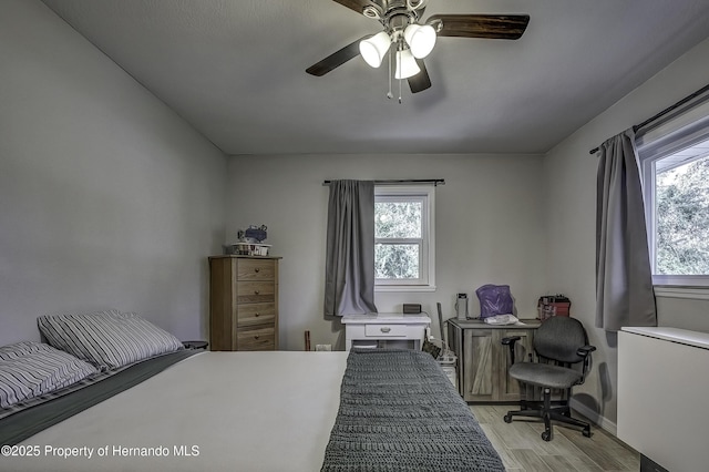 bedroom featuring light wood-type flooring and ceiling fan