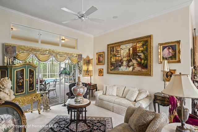 carpeted living room featuring ceiling fan and crown molding