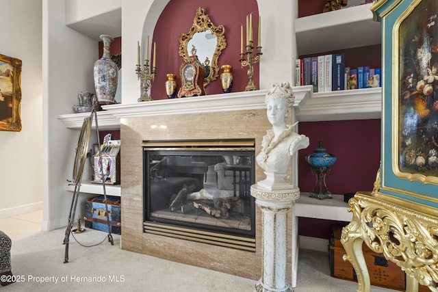 room details with carpet floors and a fireplace