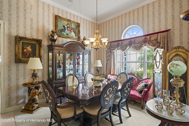 carpeted dining room with an inviting chandelier and crown molding