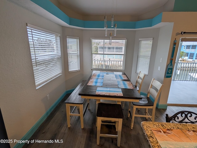 dining space with dark hardwood / wood-style floors