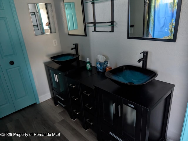 bathroom with hardwood / wood-style flooring and vanity