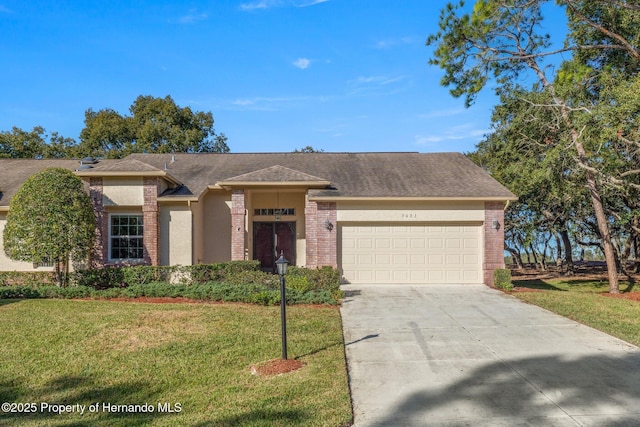 ranch-style house with a garage and a front yard