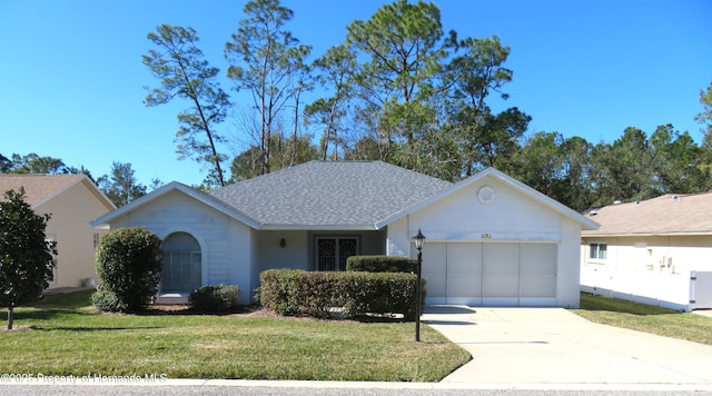 single story home featuring a front lawn and a garage