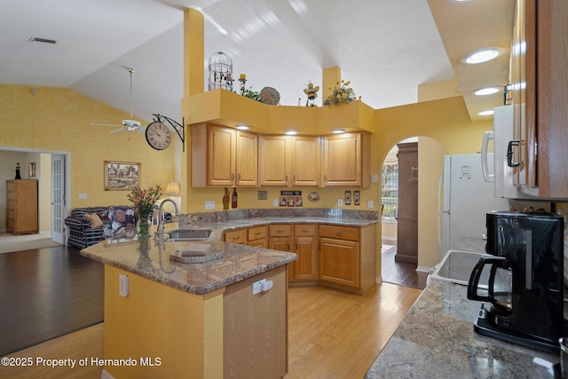 kitchen featuring light stone counters, vaulted ceiling, kitchen peninsula, and light wood-type flooring