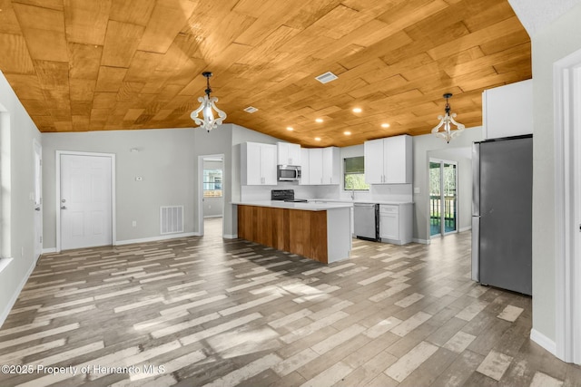 kitchen with wood ceiling, white cabinetry, stainless steel appliances, hanging light fixtures, and vaulted ceiling